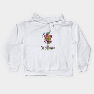 Scotland Pink, Blue and Yellow Tartan Map Typography Design Kids Hoodie